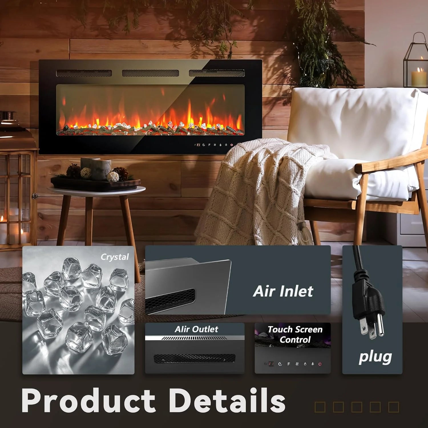 EUHOMY 50 Inch Electric Fireplace Wall Recessed and Wall Mounted with Adjustable Flame Color, Fireplace Heater with Remote Control, Linear Fireplace with Timer, Touch Screen, Log & Crystal, 750/1500W