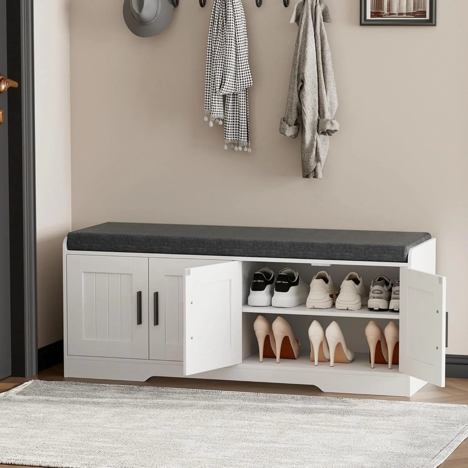 2-Tier Storage Bench, Shoe Bench with Thickened Padded Seat Cushion, Entryway Bench with 4 Doors, Adjustable Shelf, 13.8 D x 45.3 W x 18.5 H, for Entryway, Living Room, Bedroom, White