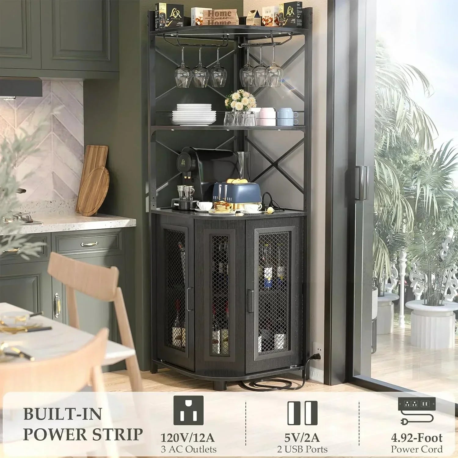 Corner bar cabinet with power socket industrial style wine cabinet light strip and glass rack
