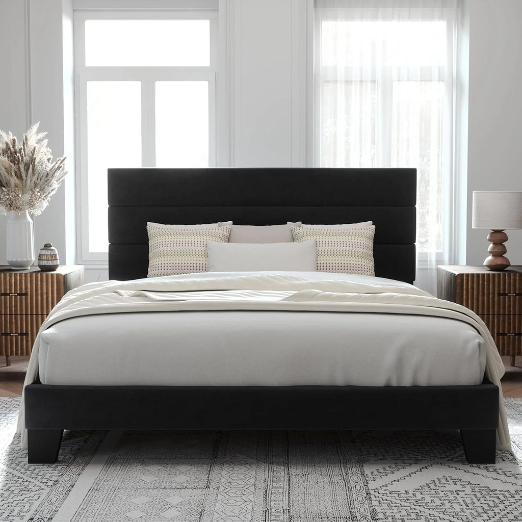Allewie Queen Size Platform Bed Frame Fabric Upholstered Headboard Wooden Slats Support
