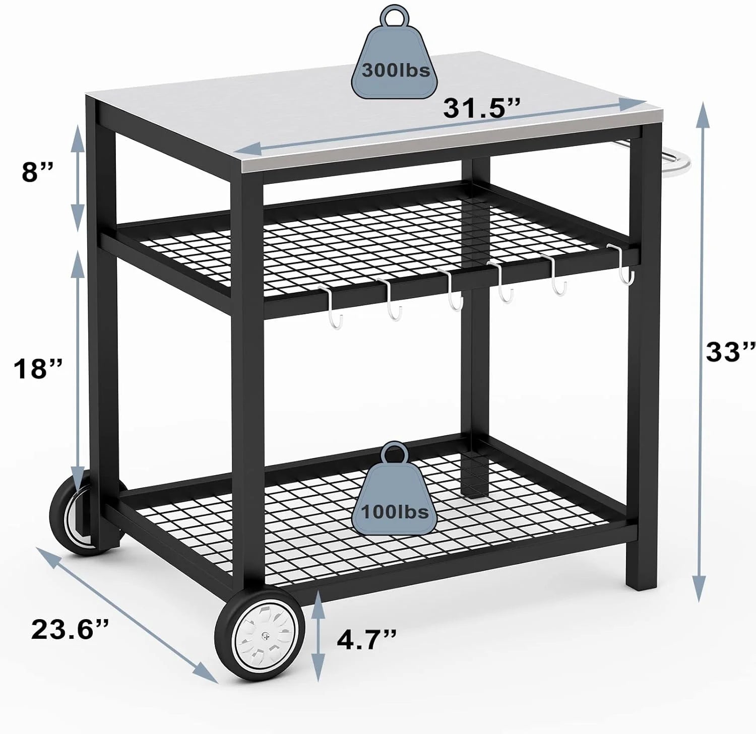 Stainless Steel Outdoor Grill Cart Pizza Oven Stand Trolley Table with Wheels Three-Shelf Movable Food Prep and Work Table Heavy Duty Grill Carts Outdoor Cart 31.5×24×35.5
