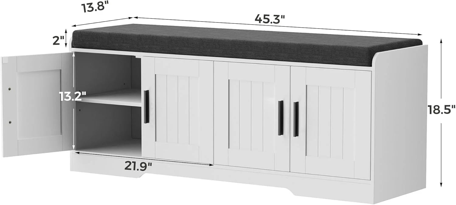 2-Tier Storage Bench, Shoe Bench with Thickened Padded Seat Cushion, Entryway Bench with 4 Doors, Adjustable Shelf, 13.8 D x 45.3 W x 18.5 H, for Entryway, Living Room, Bedroom, White
