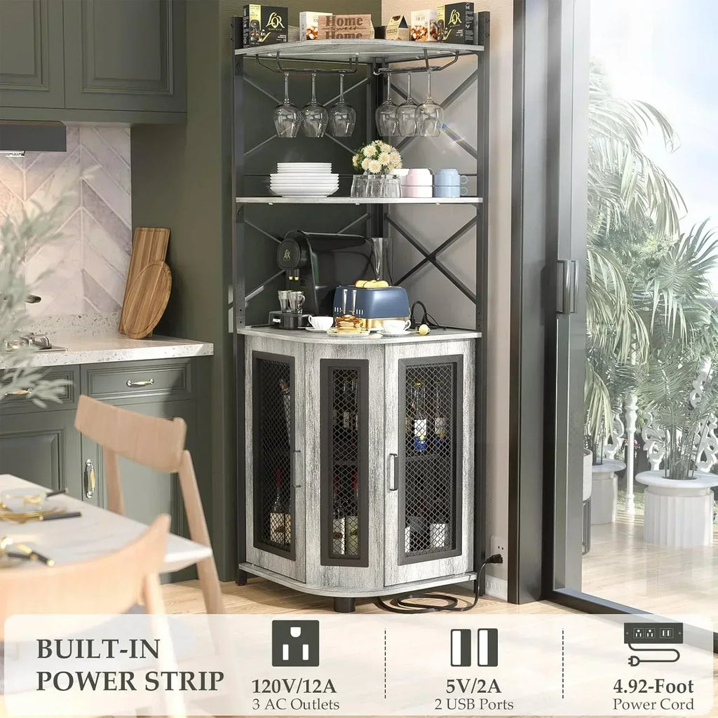 Corner bar cabinet with power socket industrial style wine cabinet light strip and glass rack