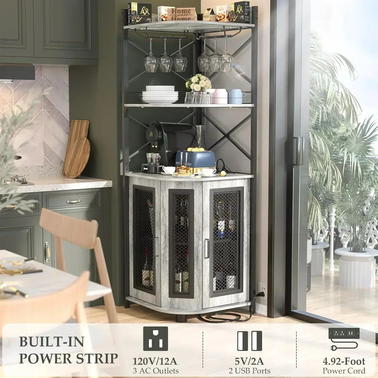 Corner bar cabinet with power socket industrial style wine cabinet light strip and glass rack