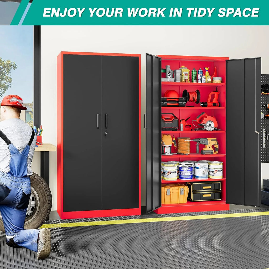 Metal Storage Cabinet with 2 Doors and 6 Shelves, Black Metal Cabinet with Lock, 71 Inch Lockable Garage Storage Cabinet