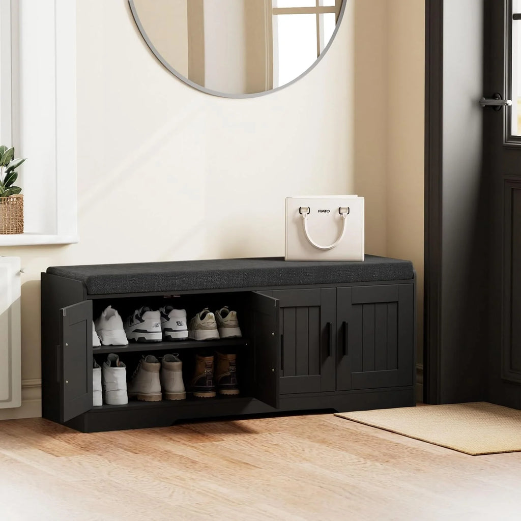 2-Tier Storage Bench, Shoe Bench with Thickened Padded Seat Cushion, Entryway Bench with 4 Doors, Adjustable Shelf, 13.8 D x 45.3 W x 18.5 H, for Entryway, Living Room, Bedroom, White
