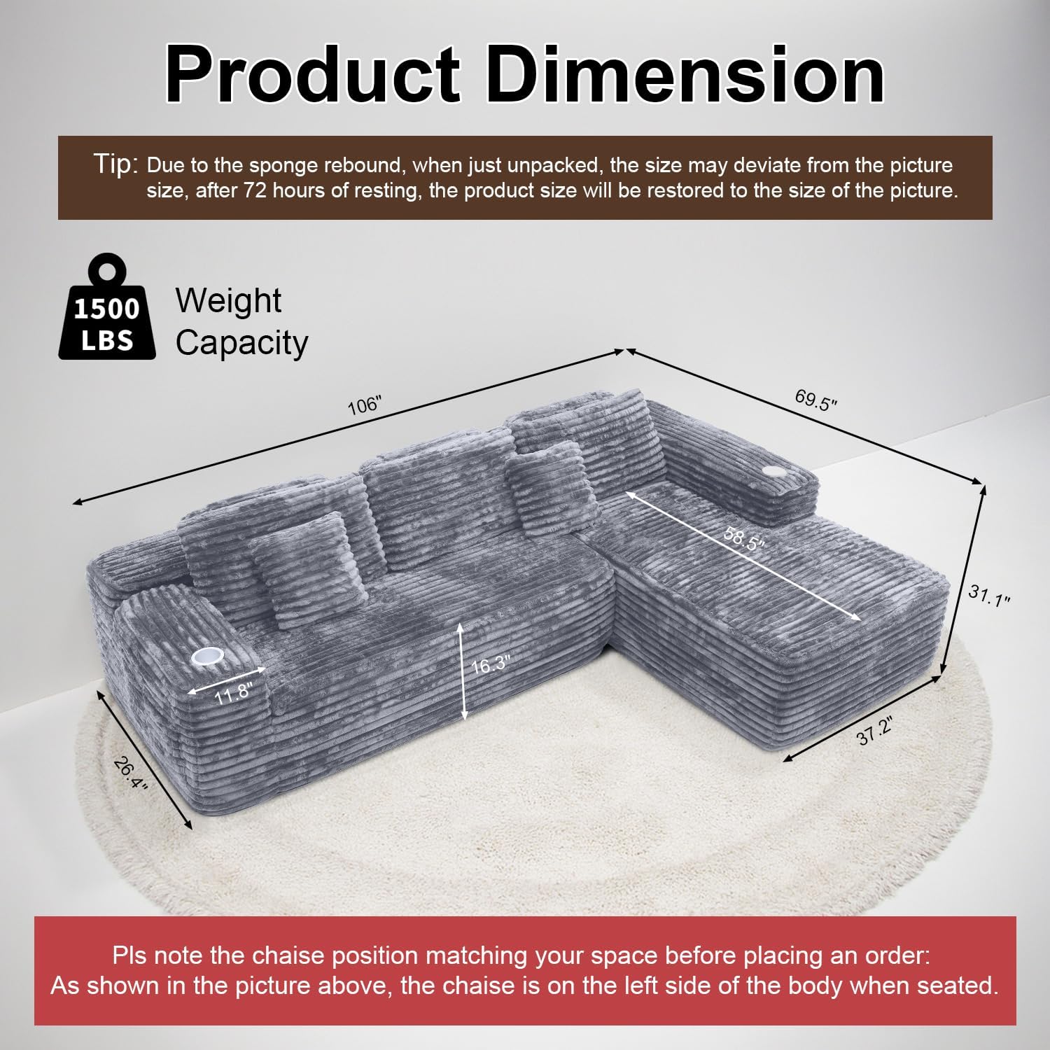 Cloud section sofa with L-shaped recliner modern modular sofa built-in cup holder