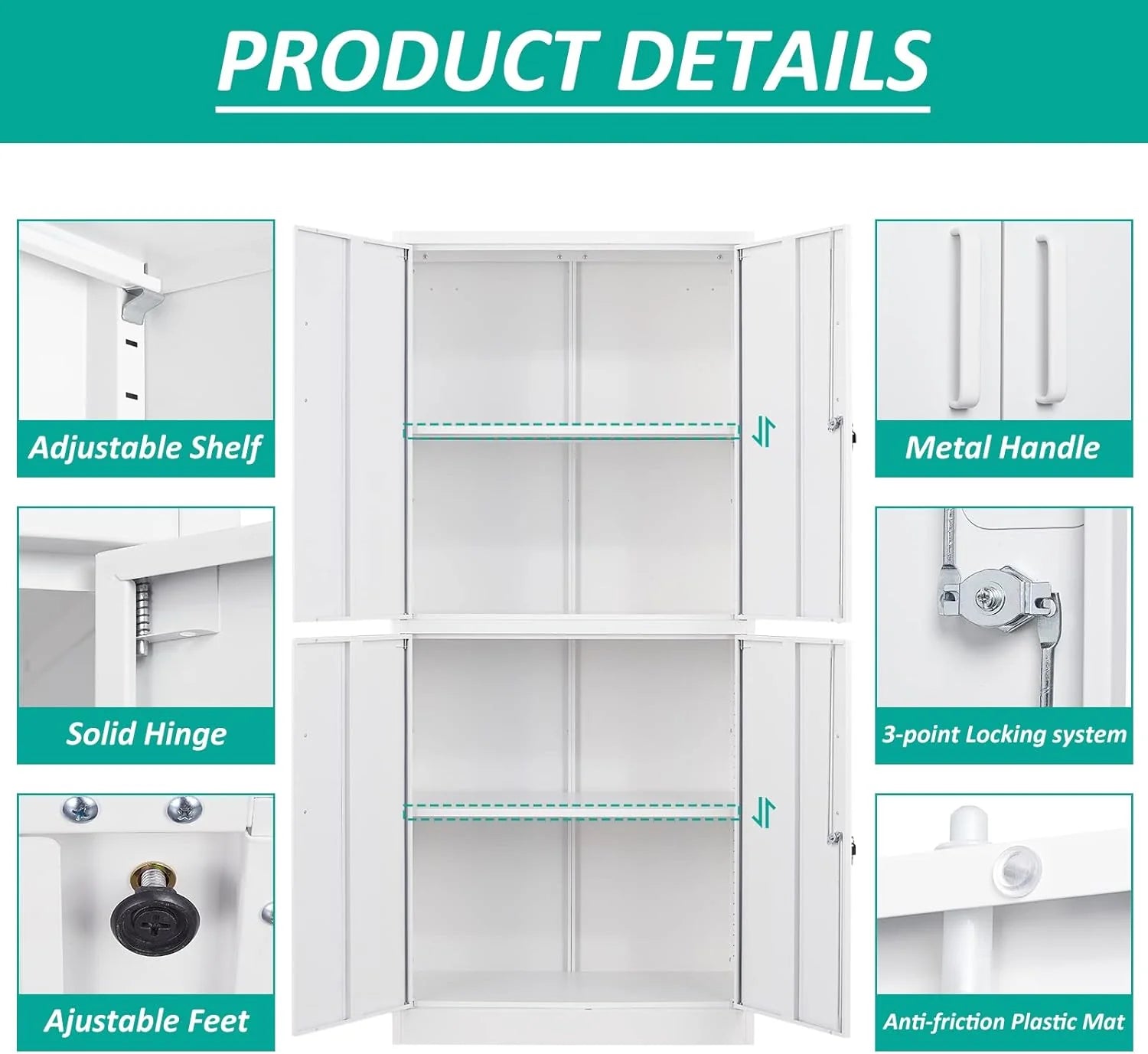 Metal Storage Cabinet with 2 Doors and 6 Shelves, Black Metal Cabinet with Lock, 71 Inch Lockable Garage Storage Cabinet