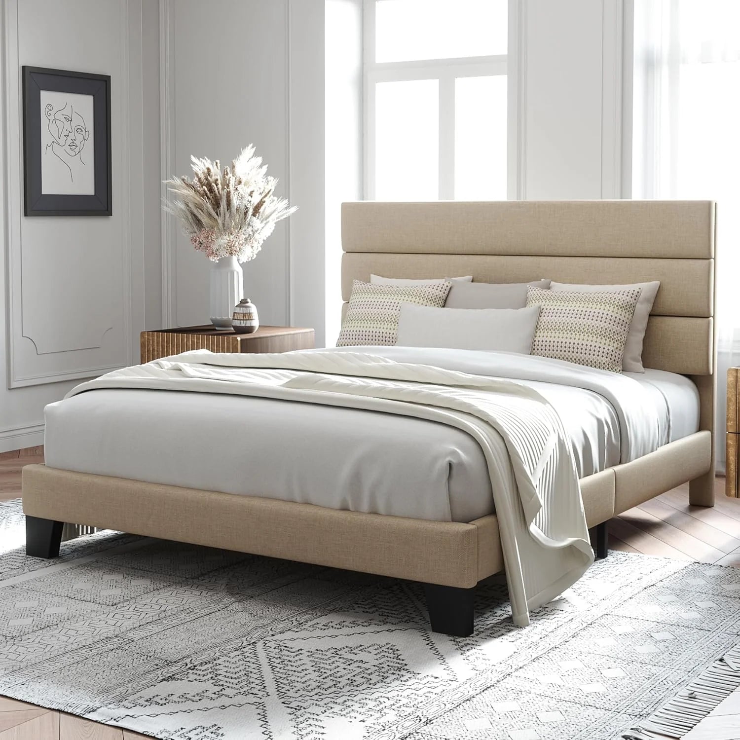Allewie Queen Size Platform Bed Frame Fabric Upholstered Headboard Wooden Slats Support