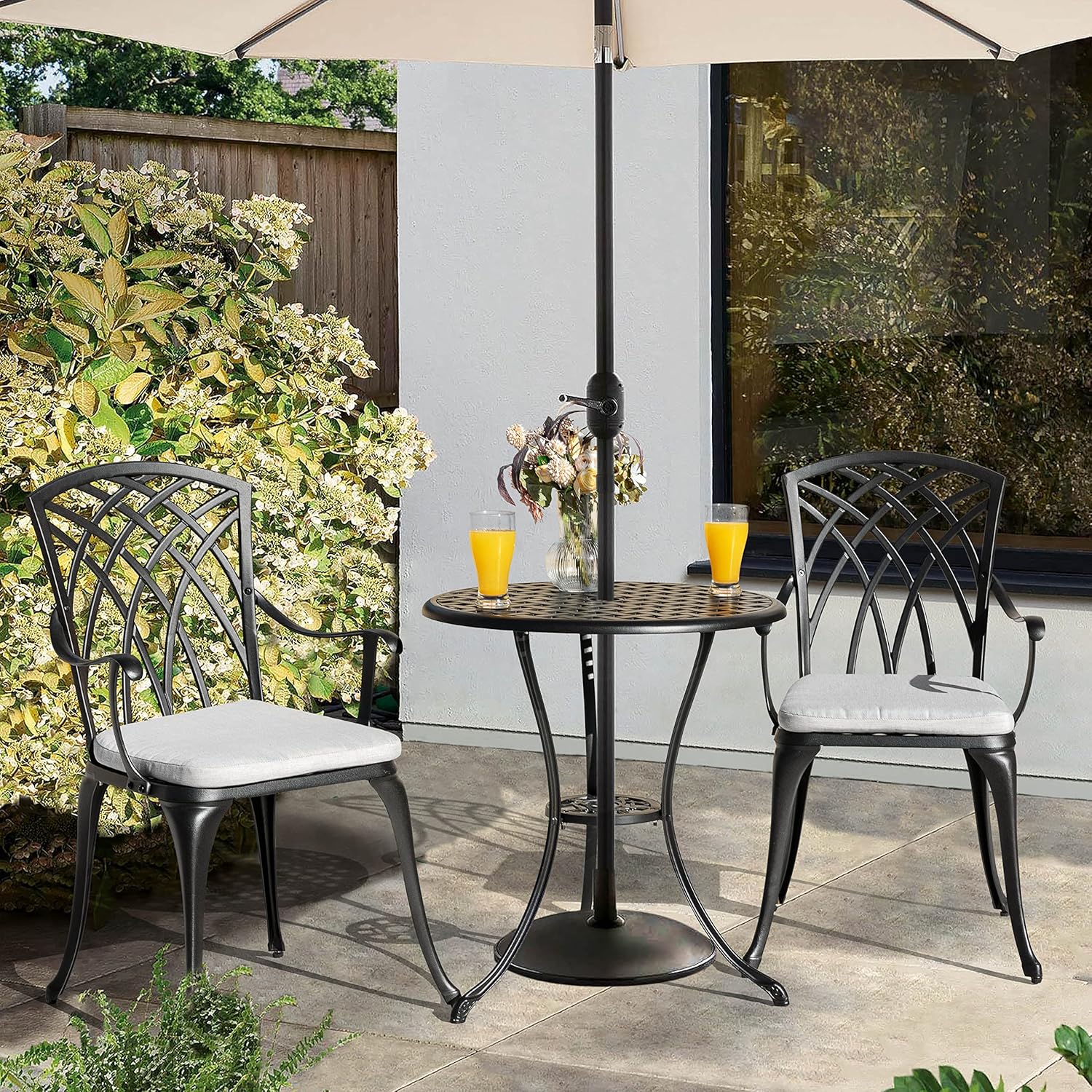 NUU GARDEN Bistro Set 3 Piece Outdoor Cast Aluminum Patio Bistro Set Patio Table and Chairs Set of 2 with Umbrella Hole and Gray Cushions, Black