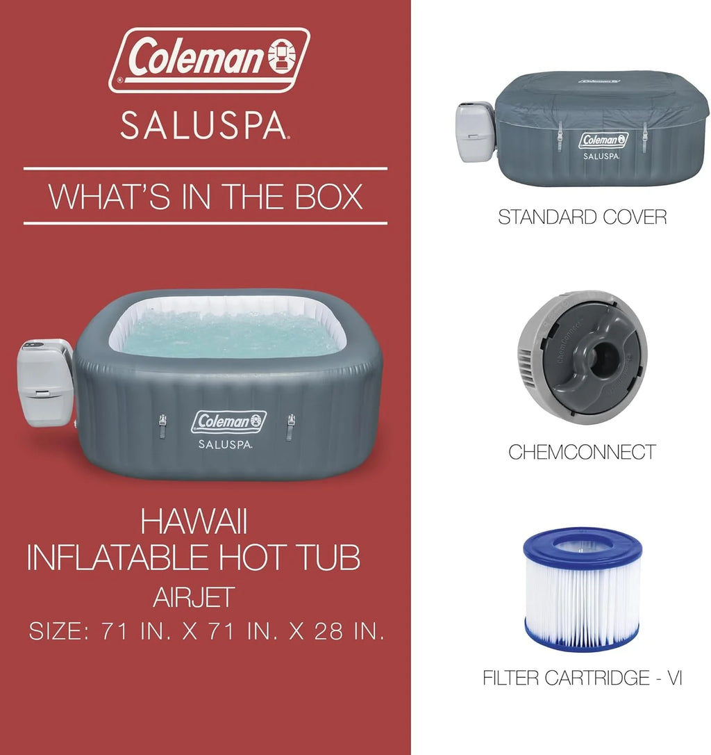 Coleman SaluSpa Atlantis AirJet 4 to 6 Person Inflatable Hot Tub Square Portable Outdoor Spa with 140 Soothing Jets with Cover, Blue