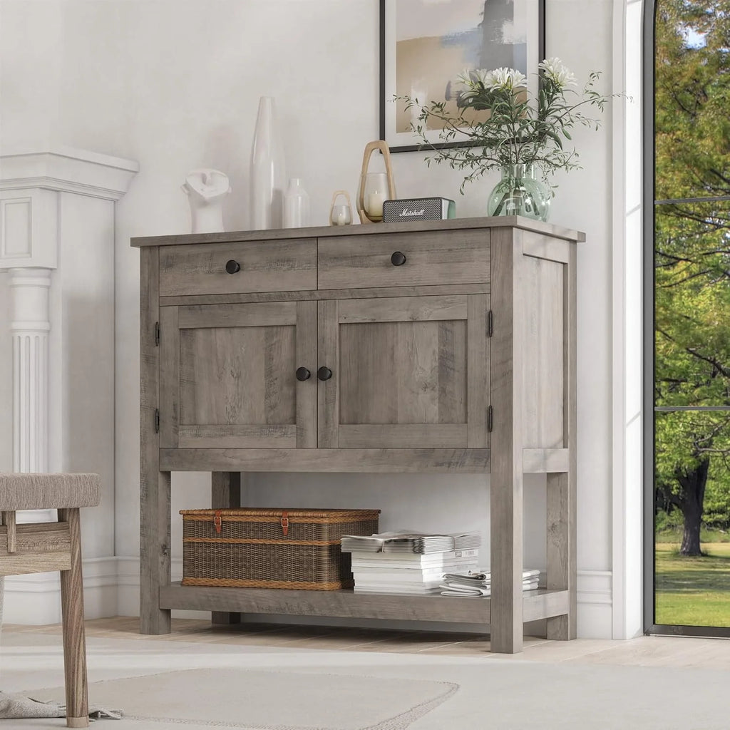 HOSTACK Farmhouse Console Table with 2-Door Cabinet & 2 Drawers, Coffee Bar, Entryway Table with Storage Shelf, Sofa Tables Buffet Sideboard for Kitchen, Hallway, Dining, Living Room, Rustic Brown