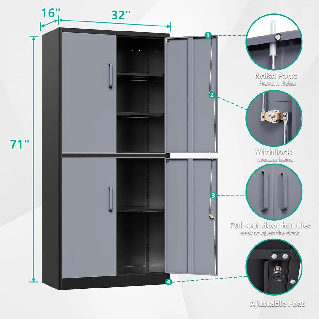 Metal Storage Cabinet with 2 Doors and 6 Shelves, Black Metal Cabinet with Lock, 71 Inch Lockable Garage Storage Cabinet