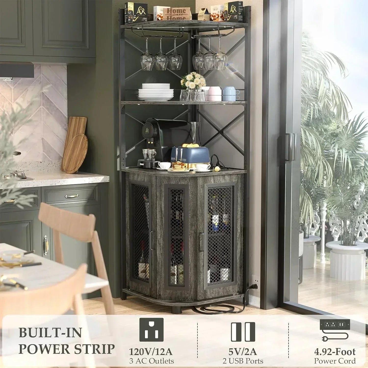Corner bar cabinet with power socket industrial style wine cabinet light strip and glass rack