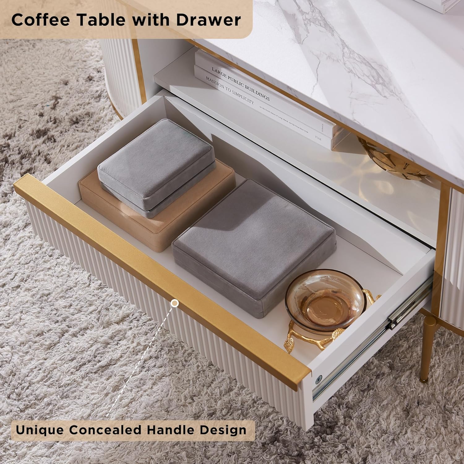 OKD Modern Luxury Grooved Coffee Table 48 Inch Oval Coffee Table Drawers Imitation Marble Top