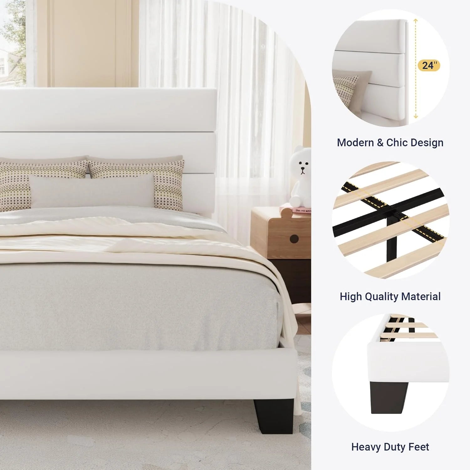 Allewie Queen Size Platform Bed Frame Fabric Upholstered Headboard Wooden Slats Support