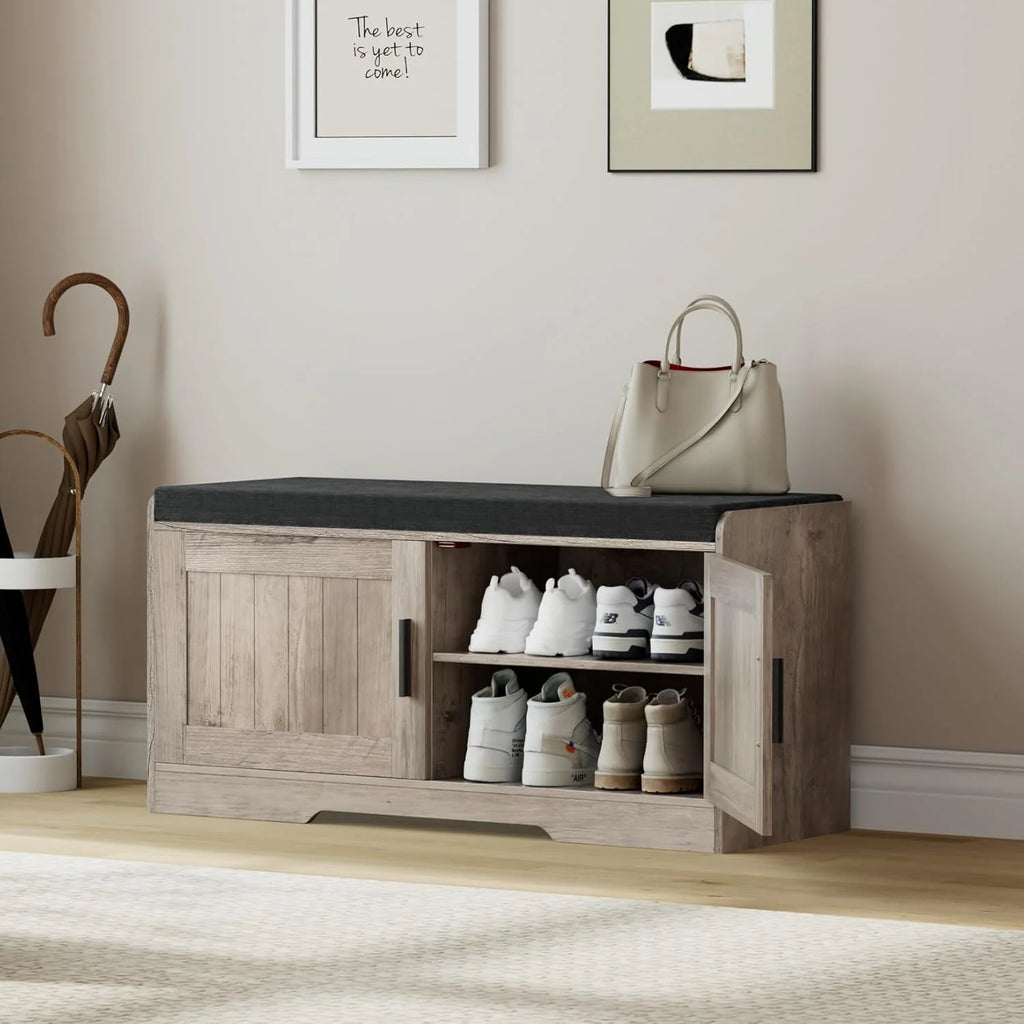 2-Tier Storage Bench, Shoe Bench with Thickened Padded Seat Cushion, Entryway Bench with 4 Doors, Adjustable Shelf, 13.8 D x 45.3 W x 18.5 H, for Entryway, Living Room, Bedroom, White