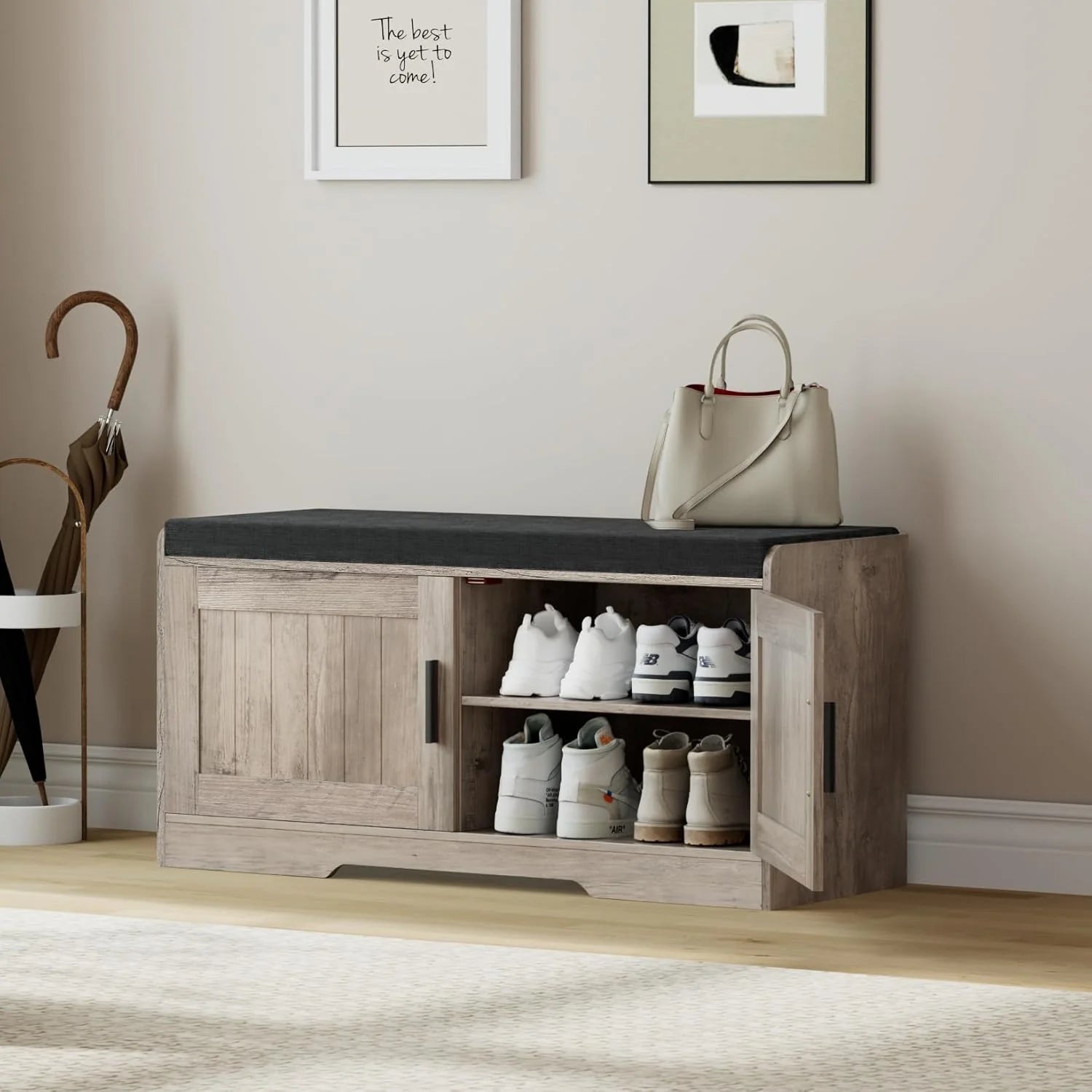 2-Tier Storage Bench, Shoe Bench with Thickened Padded Seat Cushion, Entryway Bench with 4 Doors, Adjustable Shelf, 13.8 D x 45.3 W x 18.5 H, for Entryway, Living Room, Bedroom, White