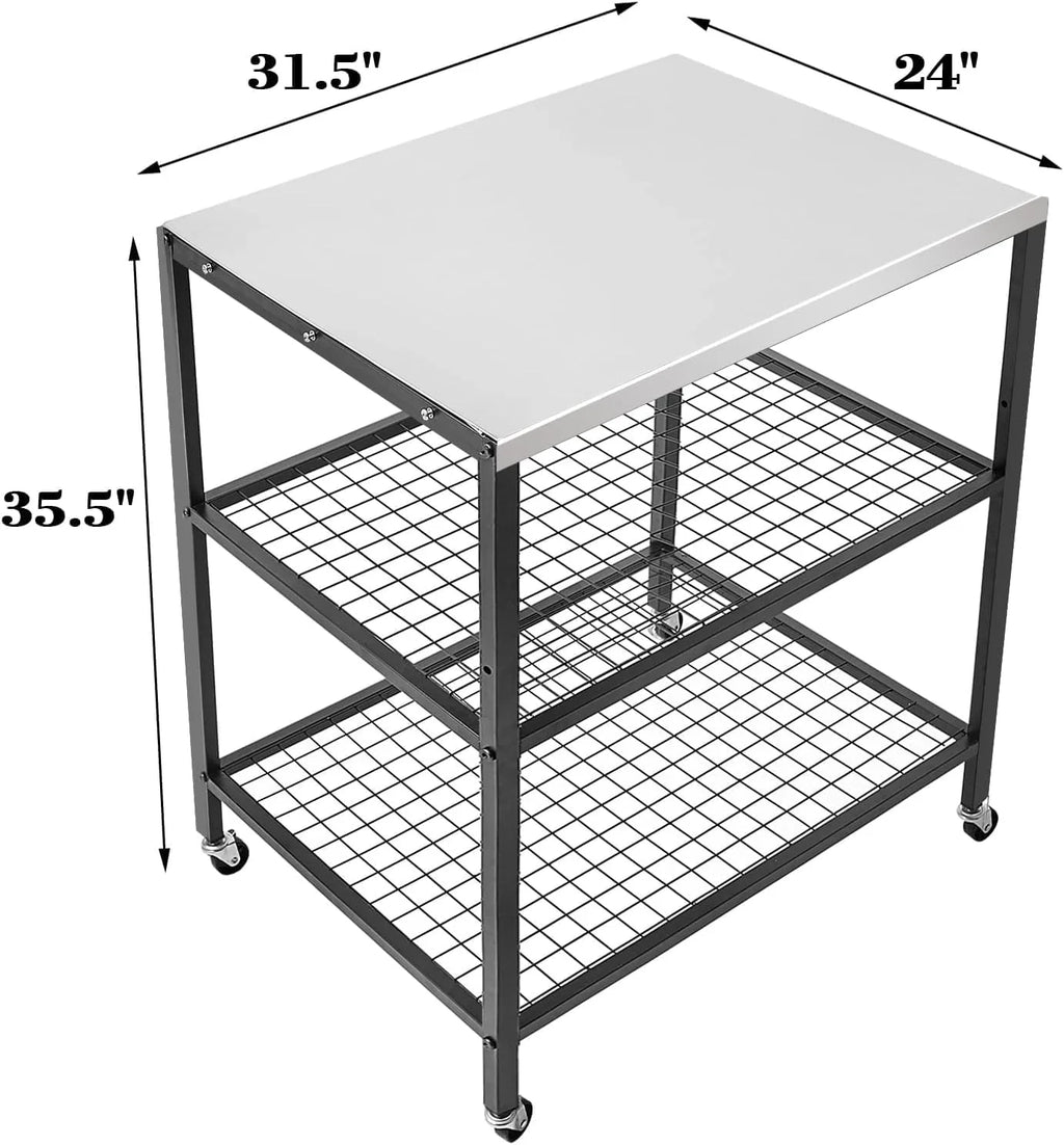 Stainless Steel Outdoor Grill Cart Pizza Oven Stand Trolley Table with Wheels Three-Shelf Movable Food Prep and Work Table Heavy Duty Grill Carts Outdoor Cart 31.5×24×35.5