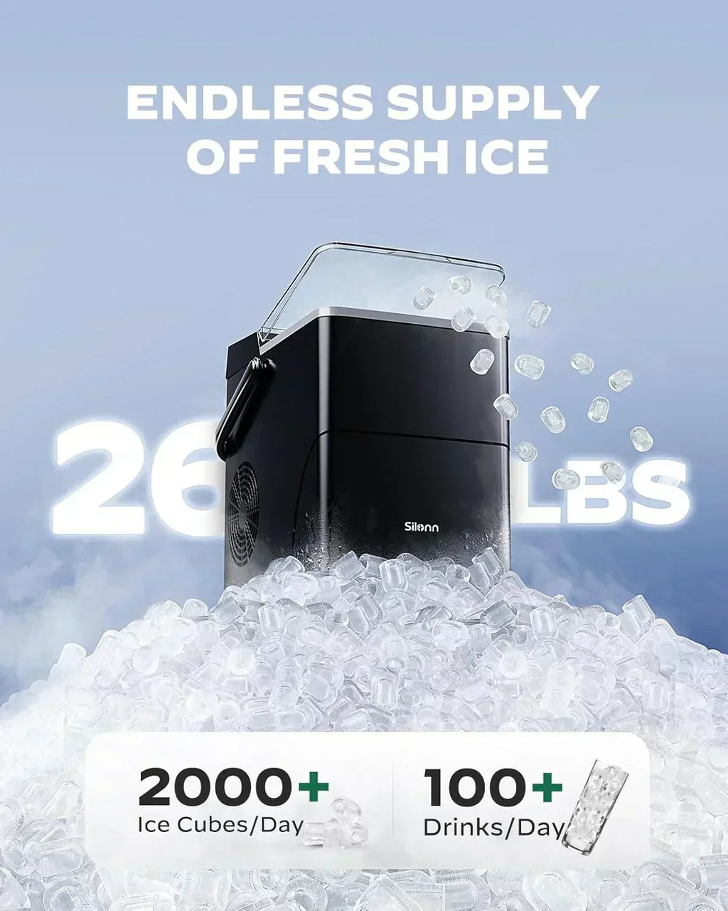 Silonn Countertop Ice Maker Expanding Ice Basket 9 Cubes Ice Basket Self-Cleaning Ice Maker