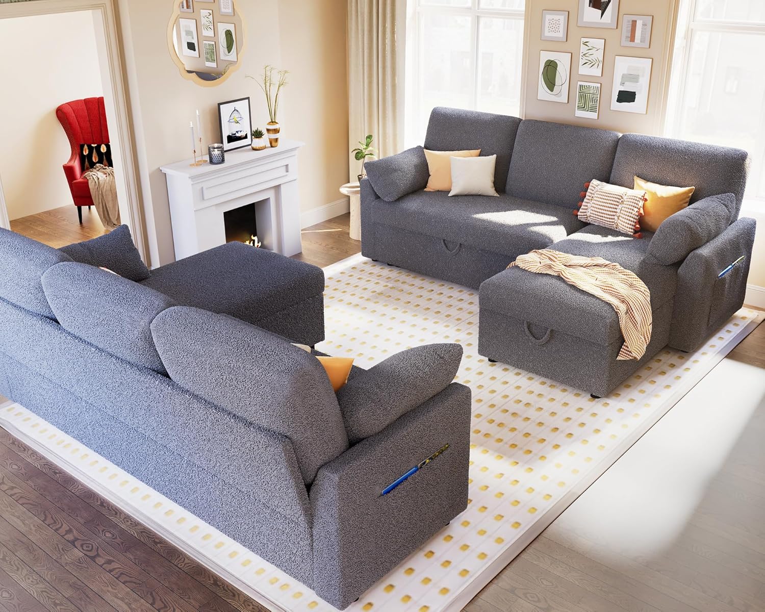 VanAcc Sofa Bed Sleeper Sofa with Storage Chaise 2 in 1 Pull Out Couch Living Room