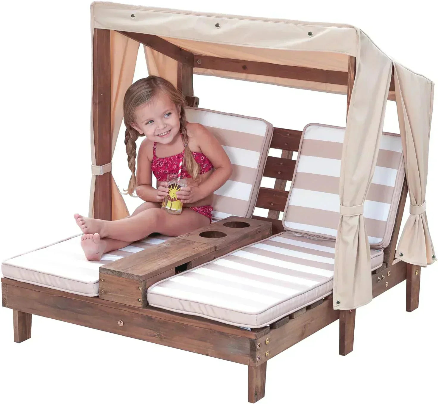 KidKraft Wooden Outdoor Double Chaise Lounge with Cup Holders Kids Patio Furniture Honey