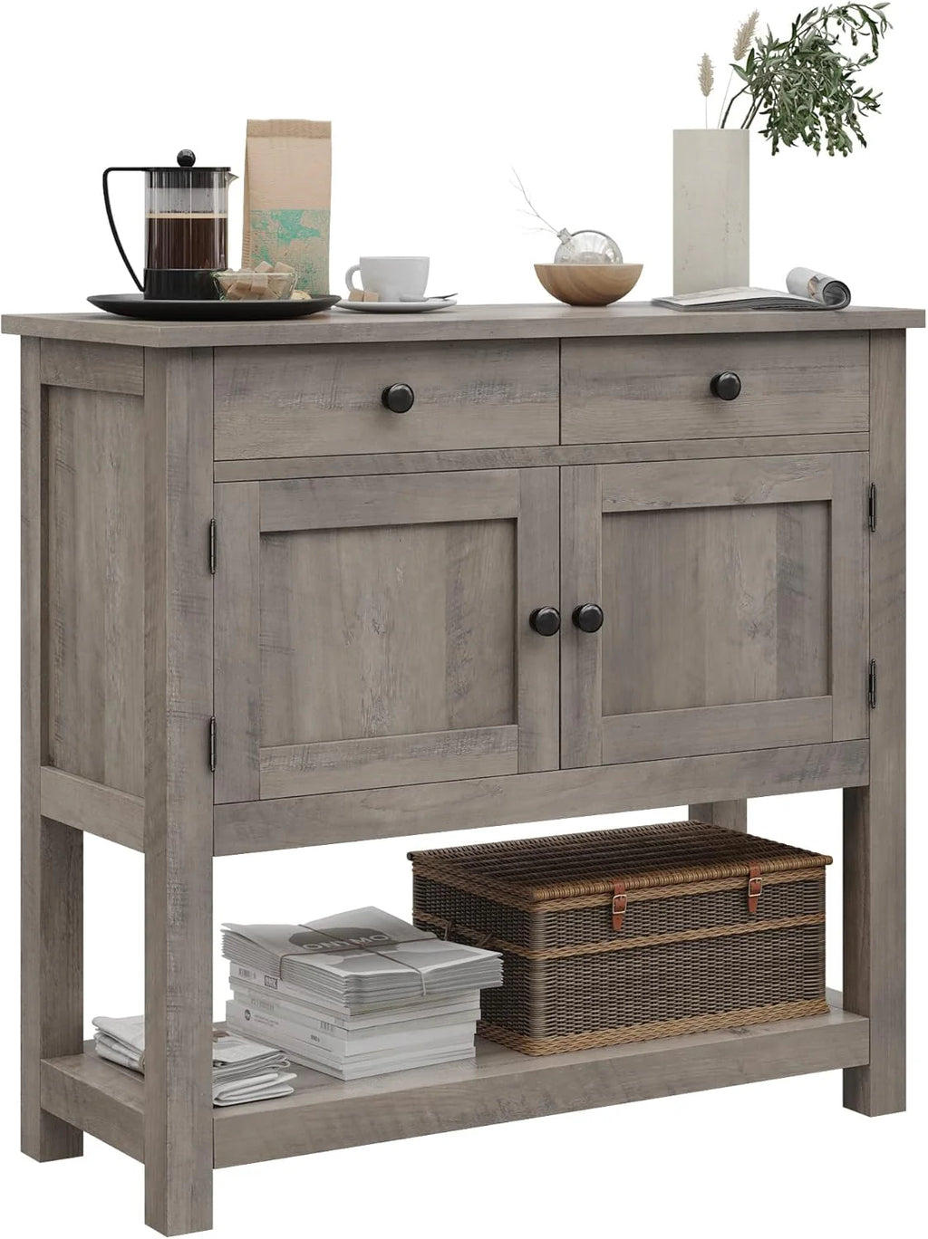 HOSTACK Farmhouse Console Table with 2-Door Cabinet & 2 Drawers, Coffee Bar, Entryway Table with Storage Shelf, Sofa Tables Buffet Sideboard for Kitchen, Hallway, Dining, Living Room, Rustic Brown