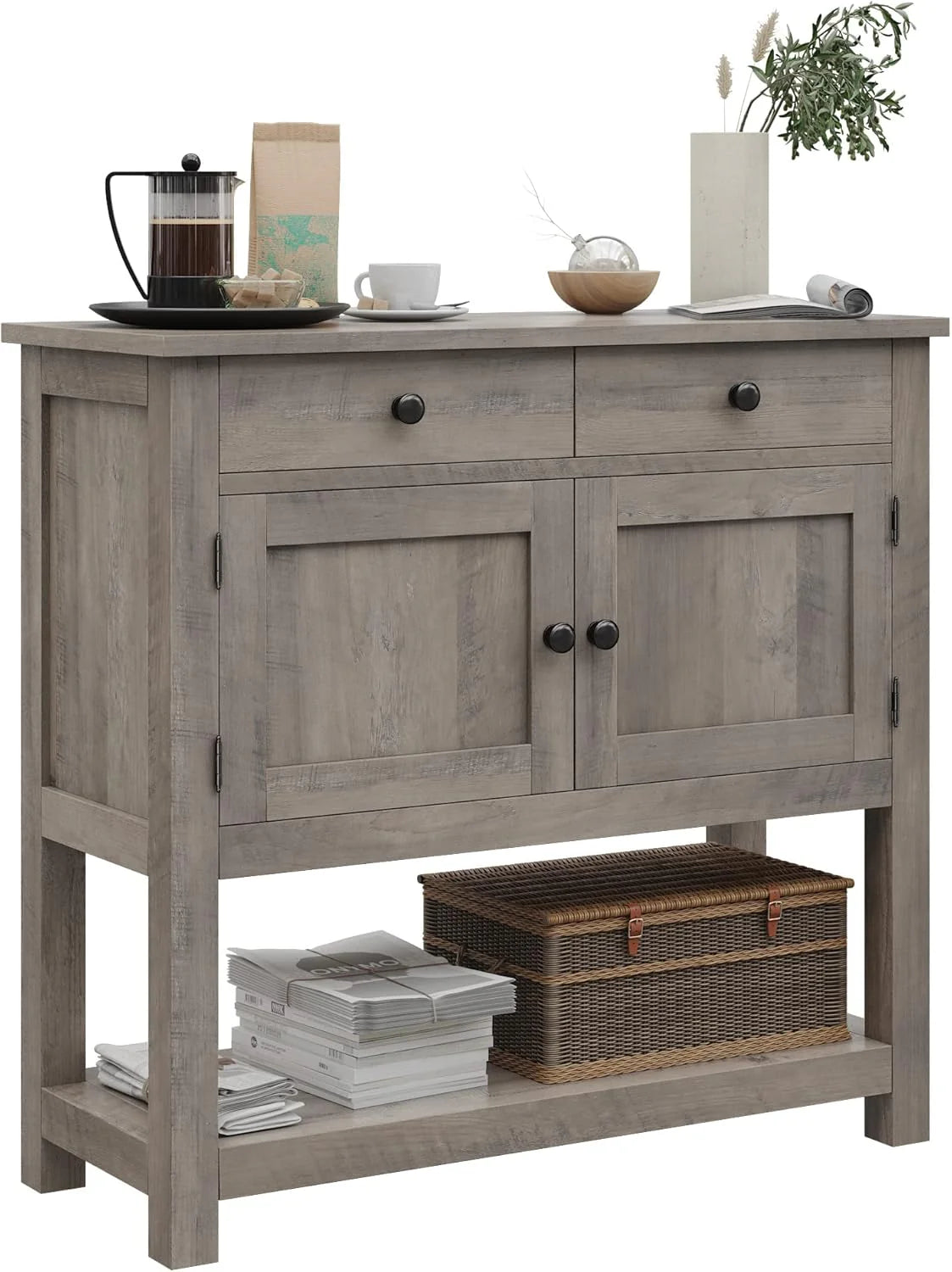 HOSTACK Farmhouse Console Table with 2-Door Cabinet & 2 Drawers, Coffee Bar, Entryway Table with Storage Shelf, Sofa Tables Buffet Sideboard for Kitchen, Hallway, Dining, Living Room, Rustic Brown