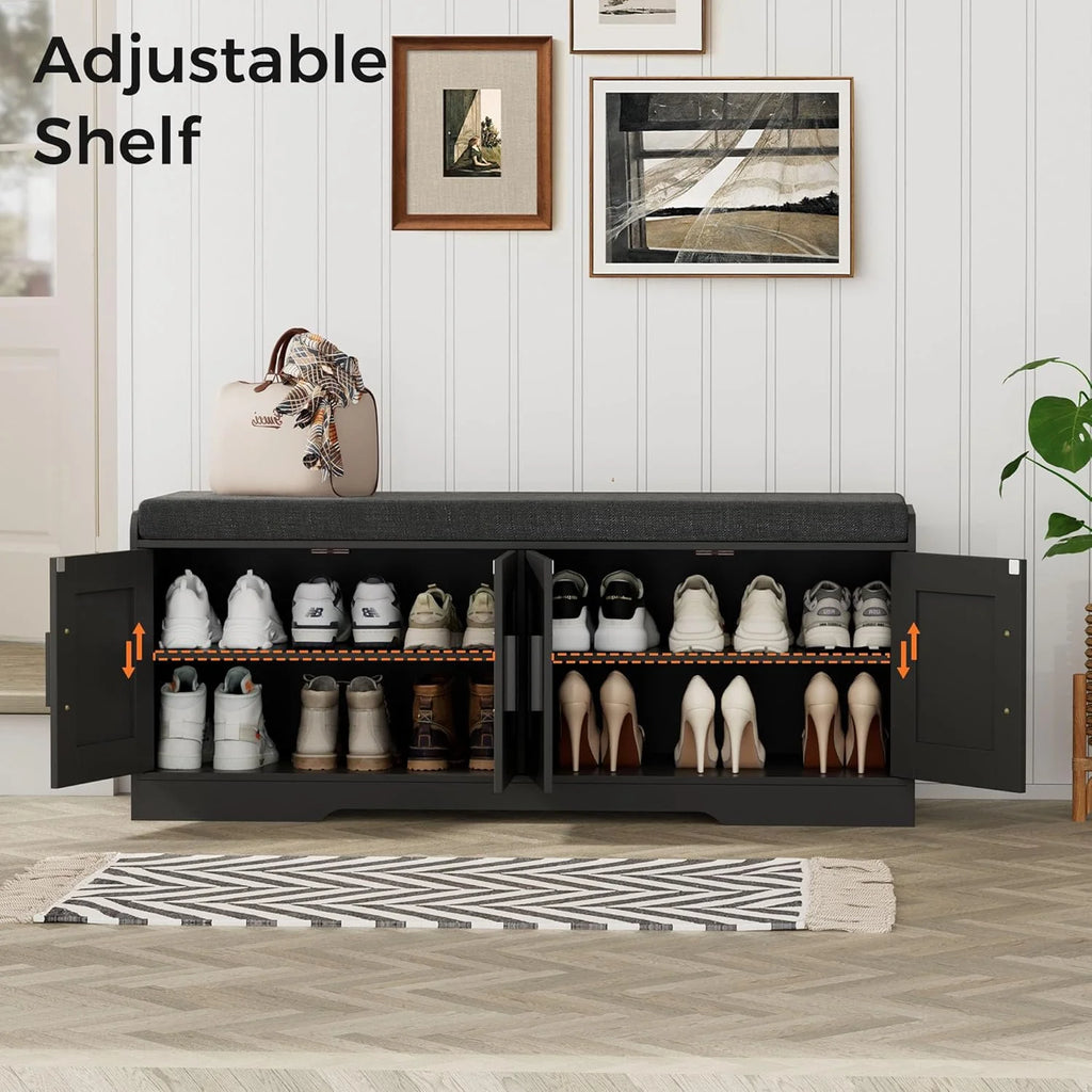 2-Tier Storage Bench, Shoe Bench with Thickened Padded Seat Cushion, Entryway Bench with 4 Doors, Adjustable Shelf, 13.8 D x 45.3 W x 18.5 H, for Entryway, Living Room, Bedroom, White