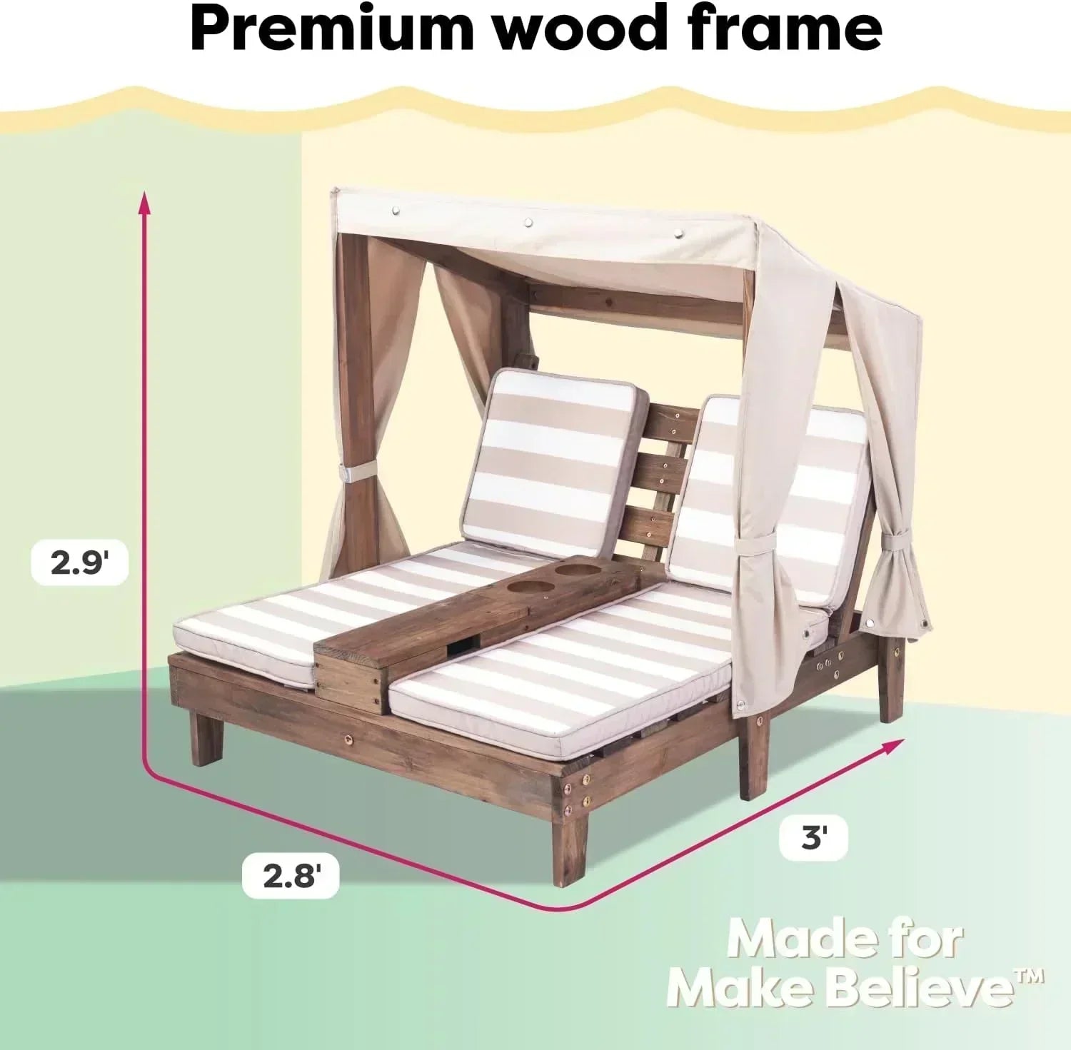 KidKraft Wooden Outdoor Double Chaise Lounge with Cup Holders Kids Patio Furniture Honey