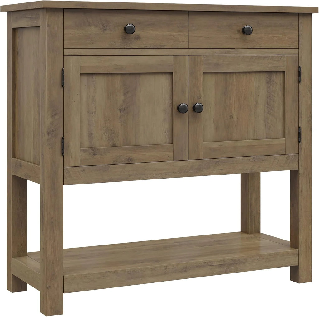 HOSTACK Farmhouse Console Table with 2-Door Cabinet & 2 Drawers, Coffee Bar, Entryway Table with Storage Shelf, Sofa Tables Buffet Sideboard for Kitchen, Hallway, Dining, Living Room, Rustic Brown