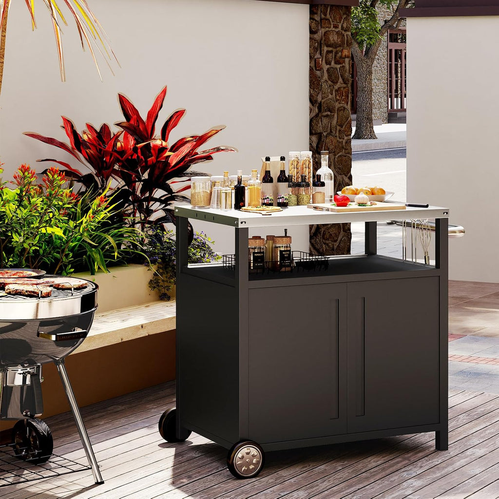 Stainless Steel Outdoor Grill Cart Pizza Oven Stand Trolley Table with Wheels Three-Shelf Movable Food Prep and Work Table Heavy Duty Grill Carts Outdoor Cart 31.5×24×35.5