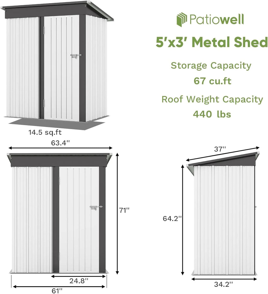 Patiowell 5x3 FT Outdoor Storage Shed Tool Shed with Sloping Roof and Lockable Door Metal Shed