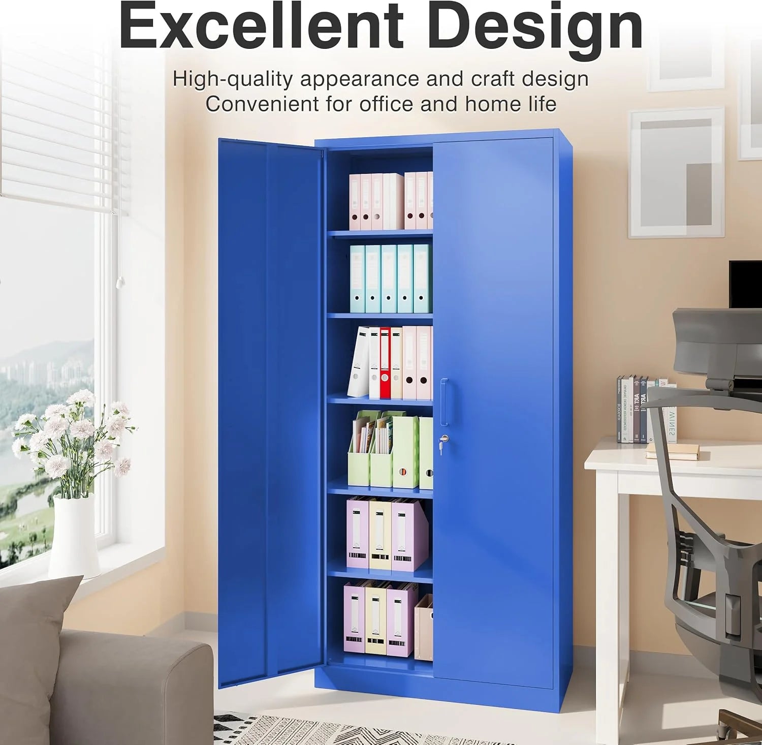Metal Storage Cabinet with 2 Doors and 6 Shelves, Black Metal Cabinet with Lock, 71 Inch Lockable Garage Storage Cabinet