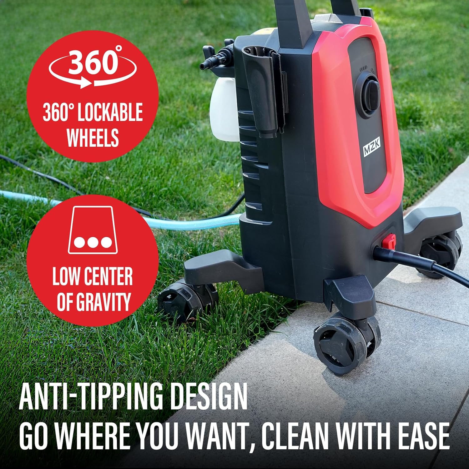 MZK electric high-pressure cleaner with 360�� quick-connect nozzle and easily replaceable foam cannon