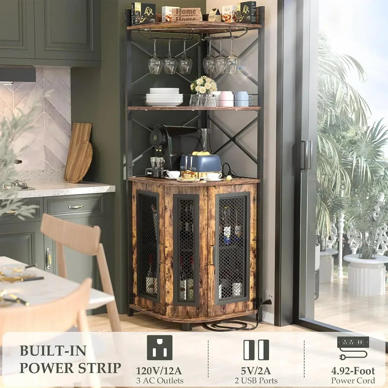 Corner bar cabinet with power socket industrial style wine cabinet light strip and glass rack