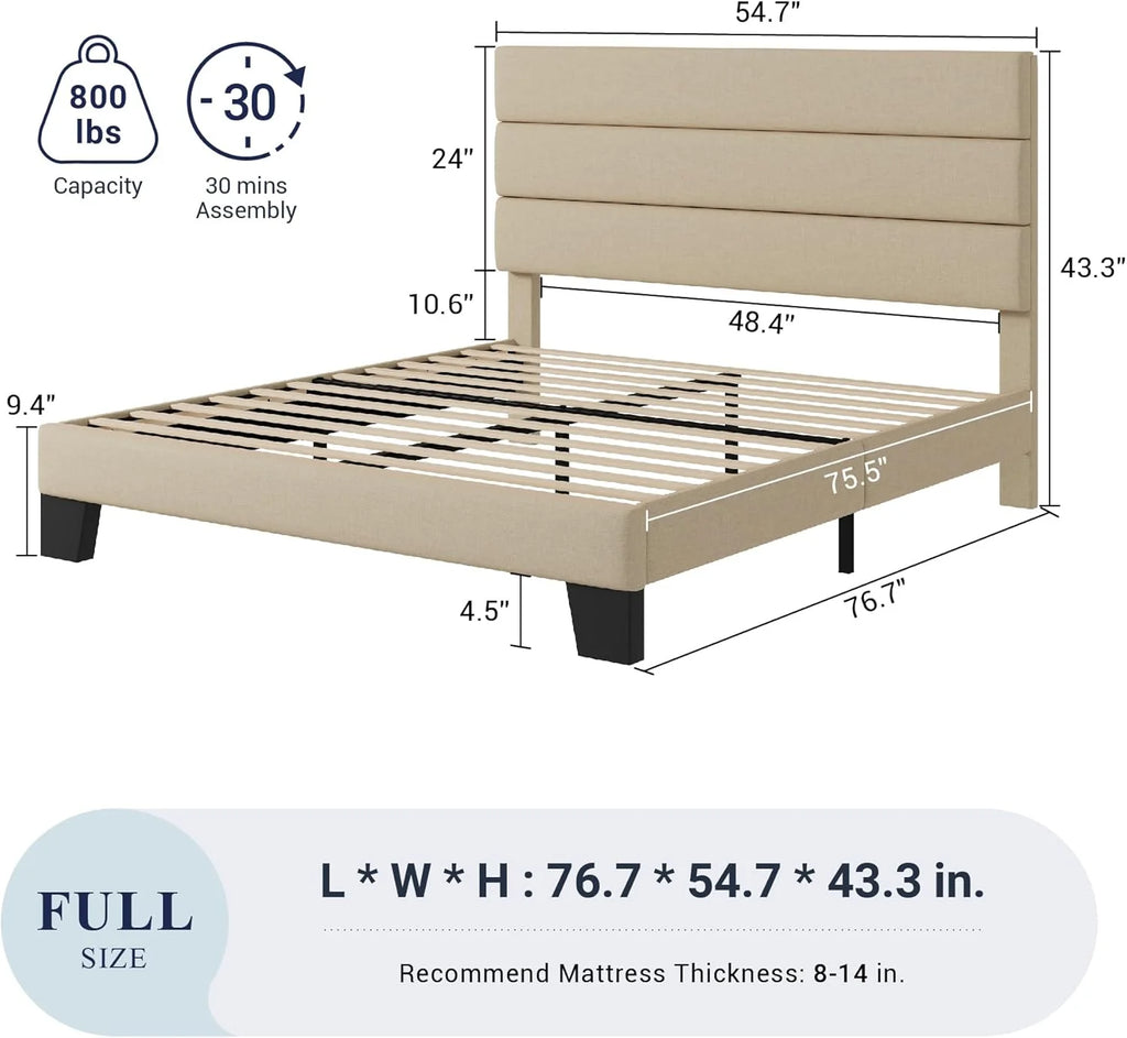Allewie Queen Size Platform Bed Frame Fabric Upholstered Headboard Wooden Slats Support