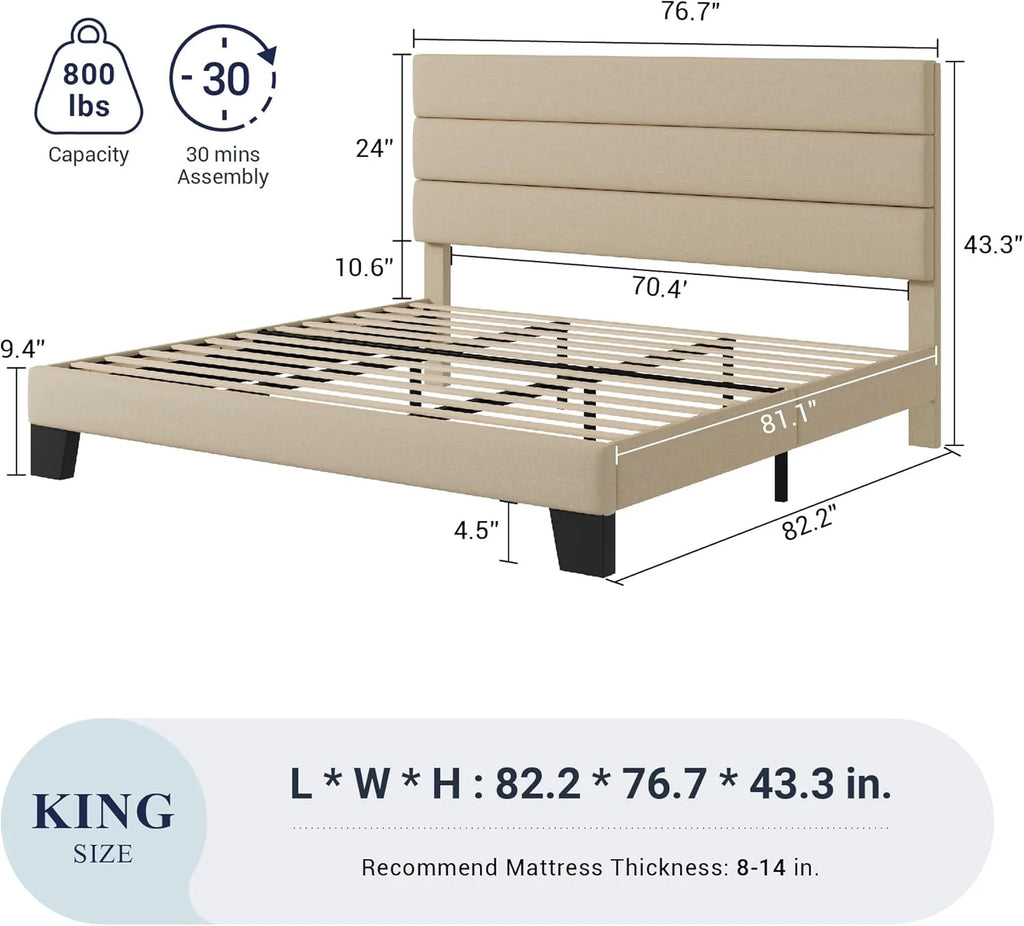 Allewie Queen Size Platform Bed Frame Fabric Upholstered Headboard Wooden Slats Support