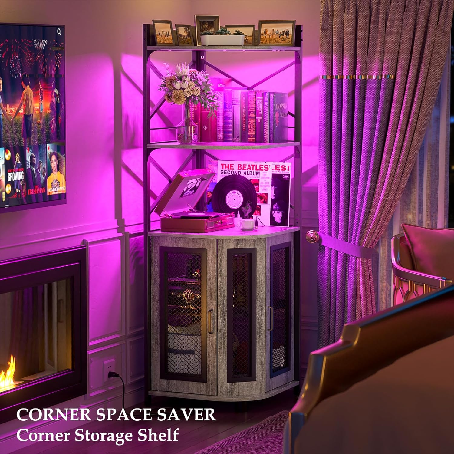 Corner bar cabinet with power socket industrial style wine cabinet light strip and glass rack