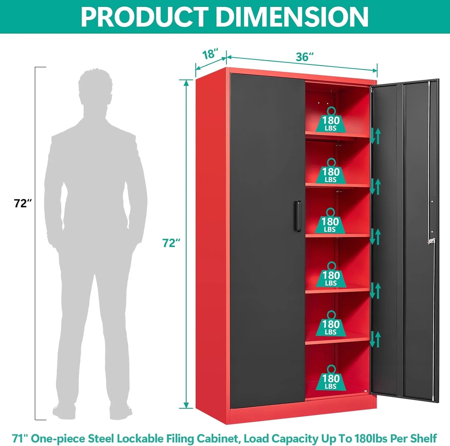 Metal Storage Cabinet with 2 Doors and 6 Shelves, Black Metal Cabinet with Lock, 71 Inch Lockable Garage Storage Cabinet