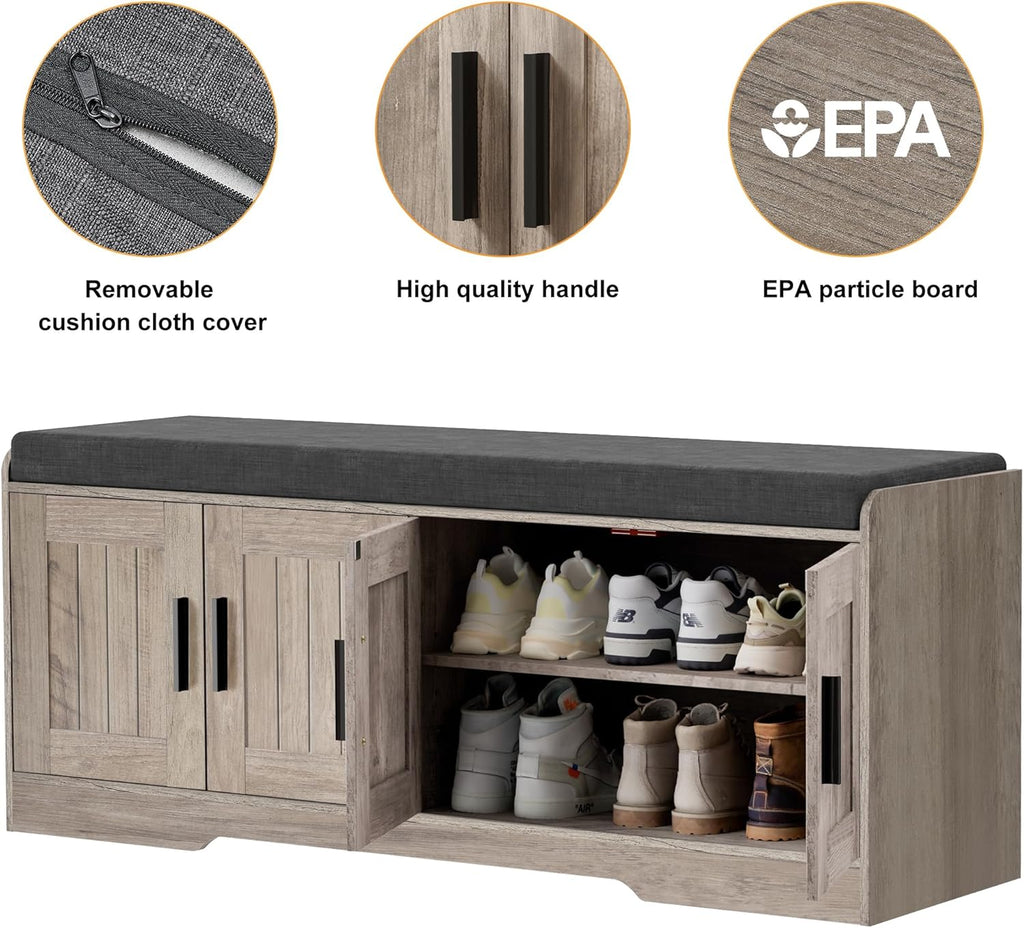 2-Tier Storage Bench, Shoe Bench with Thickened Padded Seat Cushion, Entryway Bench with 4 Doors, Adjustable Shelf, 13.8 D x 45.3 W x 18.5 H, for Entryway, Living Room, Bedroom, White