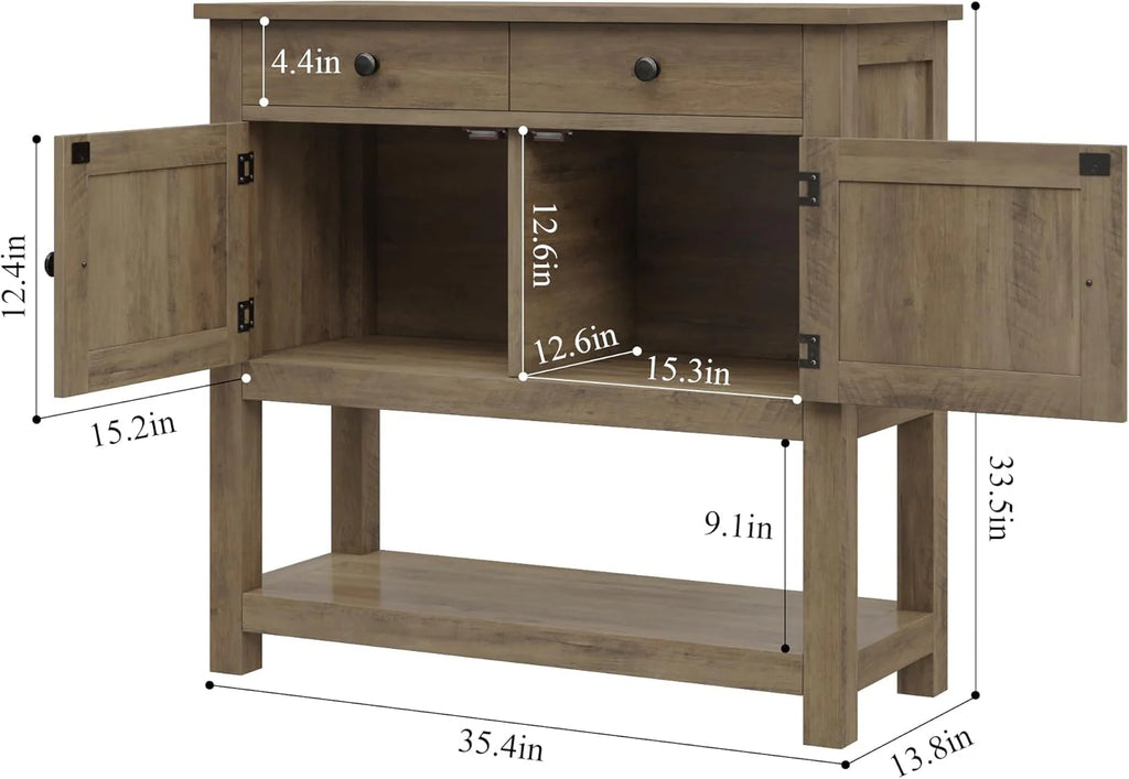 HOSTACK Farmhouse Console Table with 2-Door Cabinet & 2 Drawers, Coffee Bar, Entryway Table with Storage Shelf, Sofa Tables Buffet Sideboard for Kitchen, Hallway, Dining, Living Room, Rustic Brown