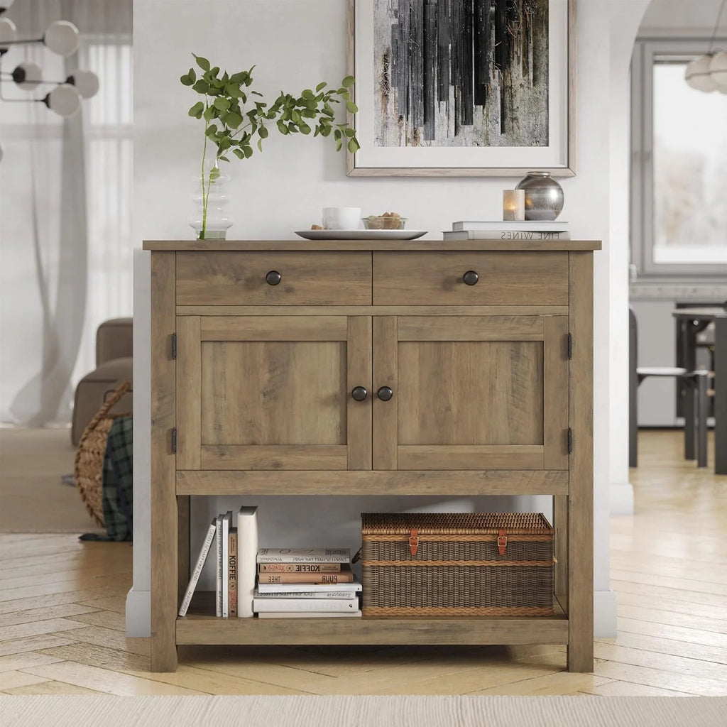 HOSTACK Farmhouse Console Table with 2-Door Cabinet & 2 Drawers, Coffee Bar, Entryway Table with Storage Shelf, Sofa Tables Buffet Sideboard for Kitchen, Hallway, Dining, Living Room, Rustic Brown