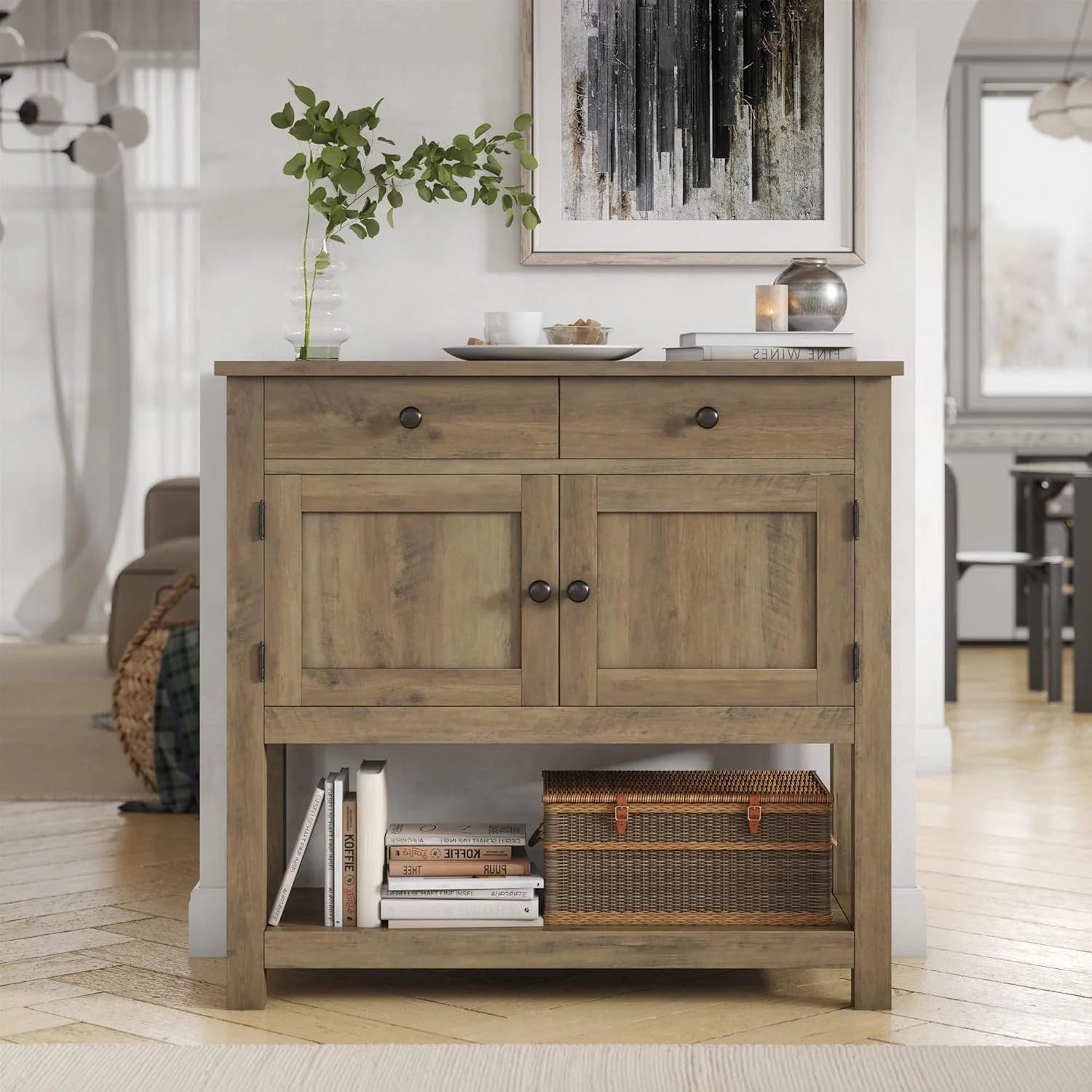 HOSTACK Farmhouse Console Table with 2-Door Cabinet & 2 Drawers, Coffee Bar, Entryway Table with Storage Shelf, Sofa Tables Buffet Sideboard for Kitchen, Hallway, Dining, Living Room, Rustic Brown