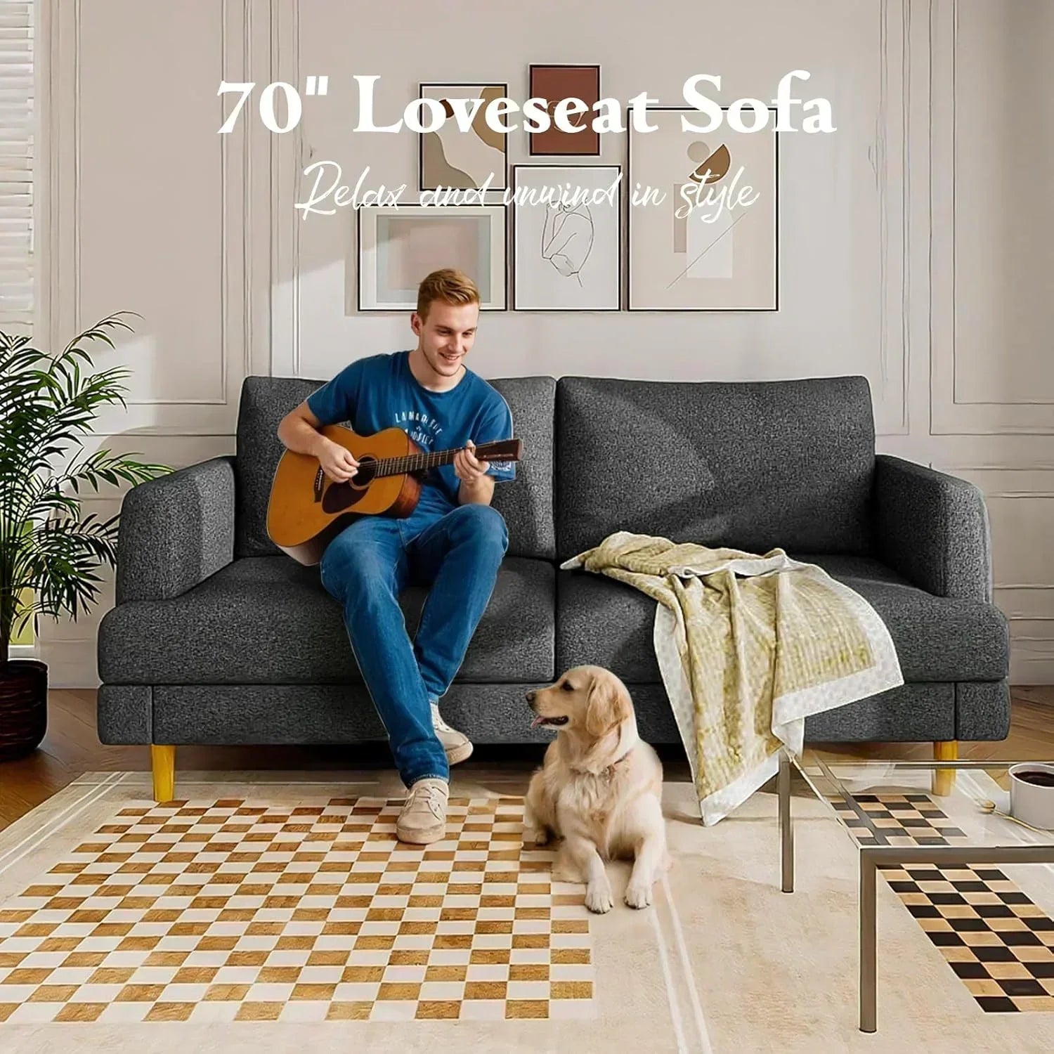 Loveseat Sofa Couch for Living Room with USB Type C Ports Dark Gray Upholstered Small Couches
