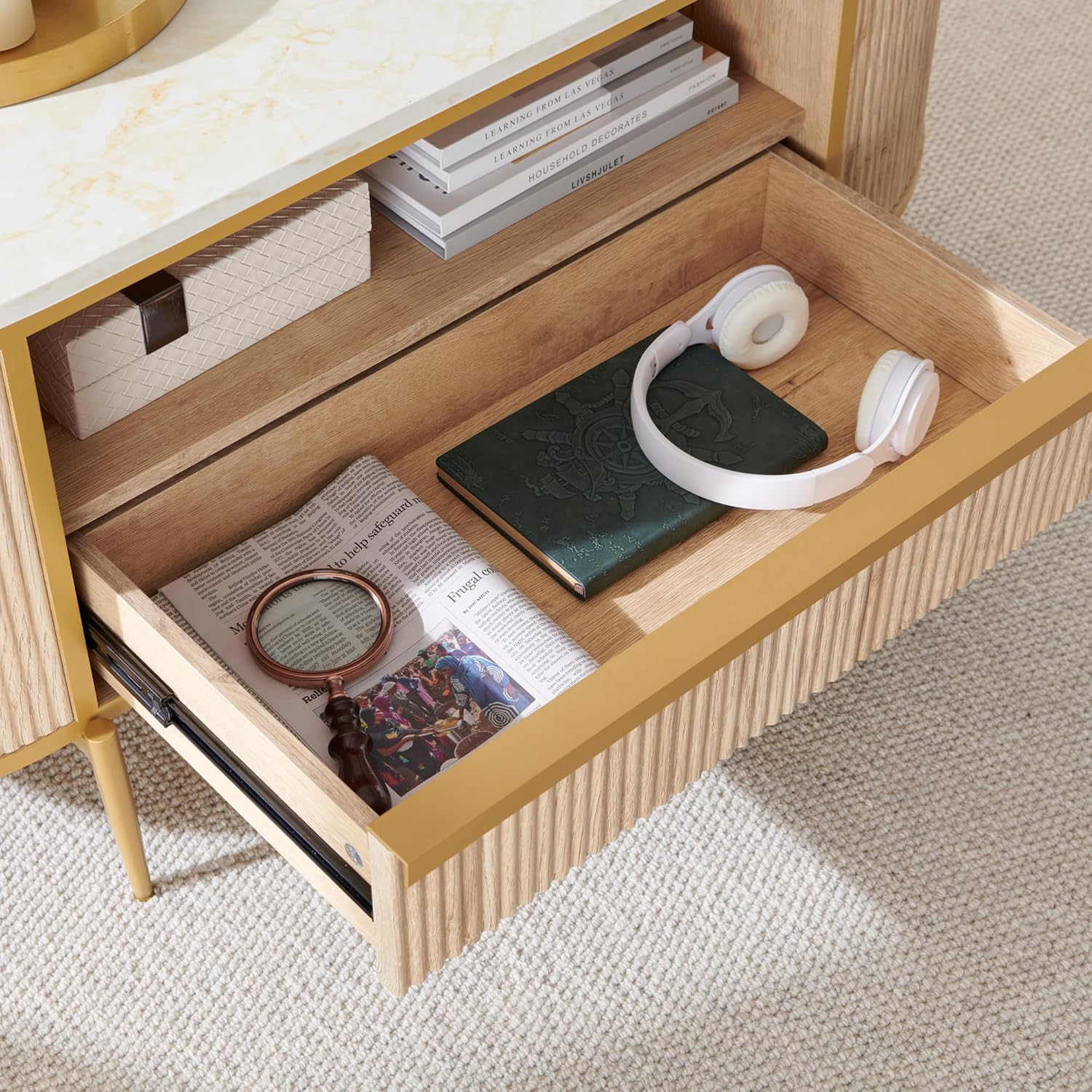OKD Modern Luxury Grooved Coffee Table 48 Inch Oval Coffee Table Drawers Imitation Marble Top