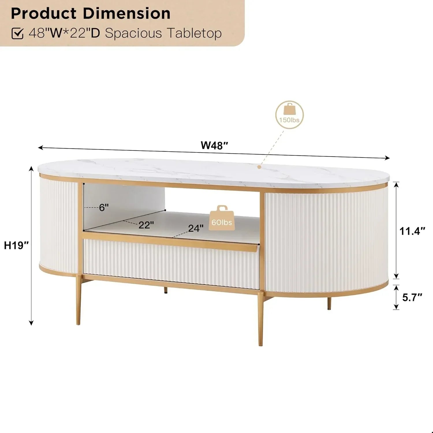 OKD Modern Luxury Grooved Coffee Table 48 Inch Oval Coffee Table Drawers Imitation Marble Top