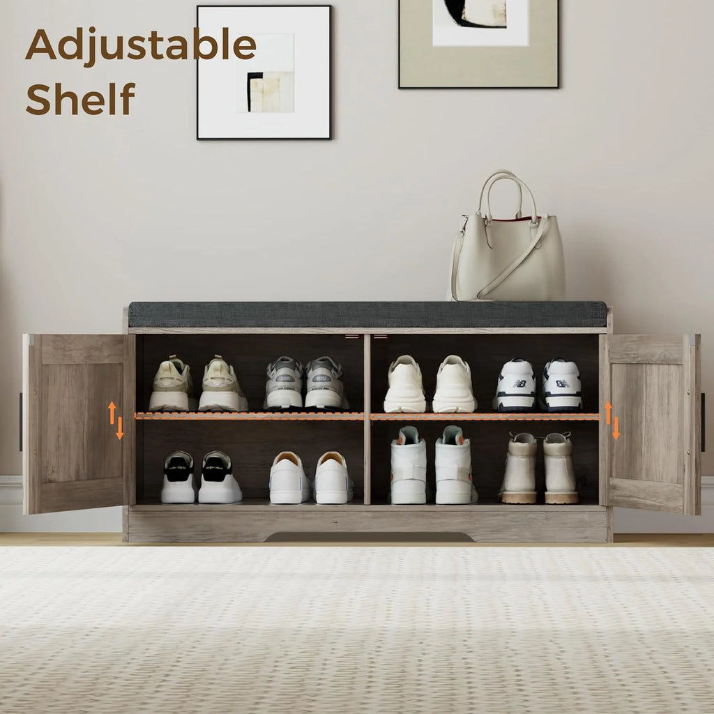 2-Tier Storage Bench, Shoe Bench with Thickened Padded Seat Cushion, Entryway Bench with 4 Doors, Adjustable Shelf, 13.8 D x 45.3 W x 18.5 H, for Entryway, Living Room, Bedroom, White