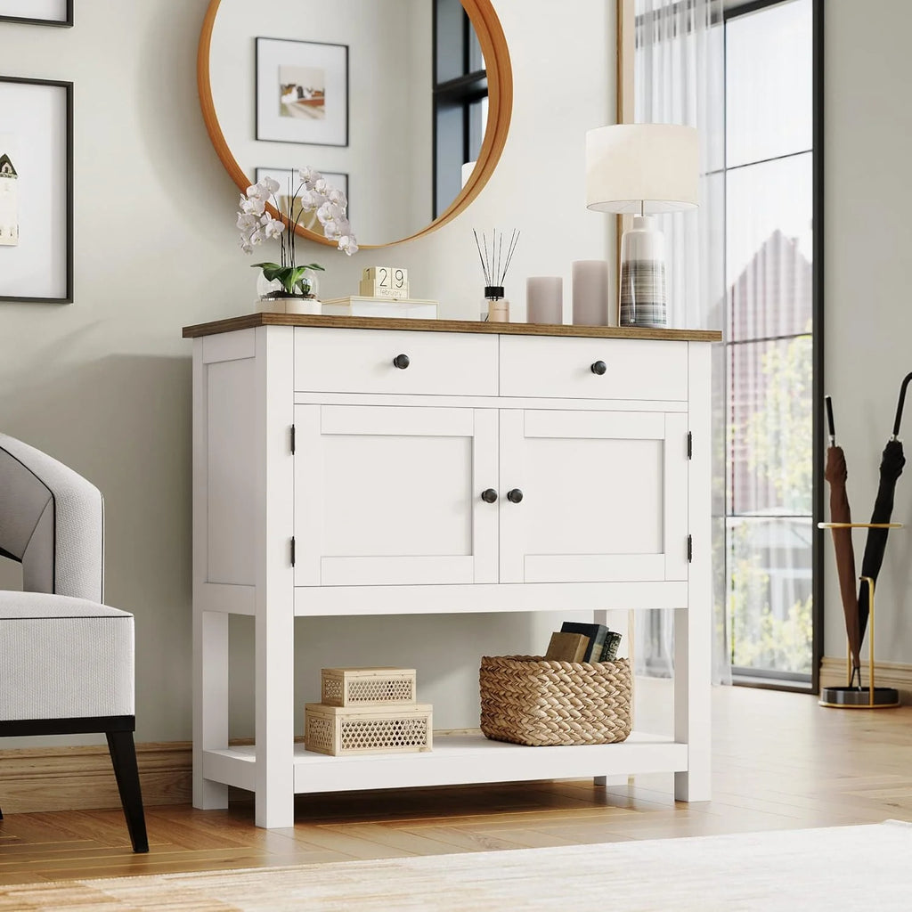 HOSTACK Farmhouse Console Table with 2-Door Cabinet & 2 Drawers, Coffee Bar, Entryway Table with Storage Shelf, Sofa Tables Buffet Sideboard for Kitchen, Hallway, Dining, Living Room, Rustic Brown