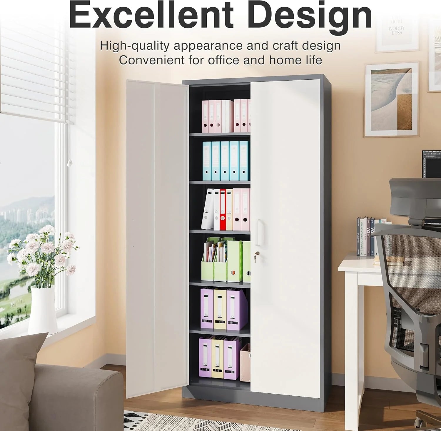Metal Storage Cabinet with 2 Doors and 6 Shelves, Black Metal Cabinet with Lock, 71 Inch Lockable Garage Storage Cabinet
